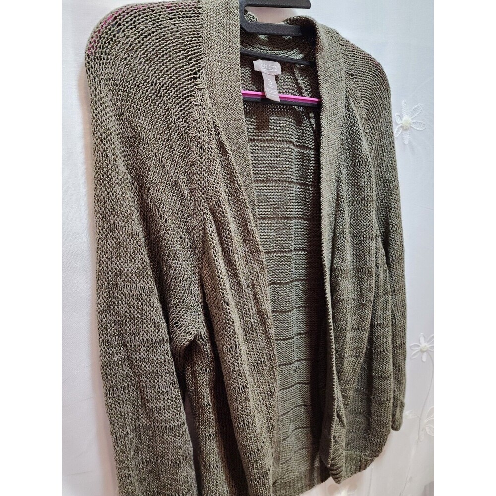 CHICOS WOMENS 3 L DARK GREEN OPEN CARDIGAN KNIT SWEATER SOLID TEACHER ACADEMIA - Picture 2 of 10